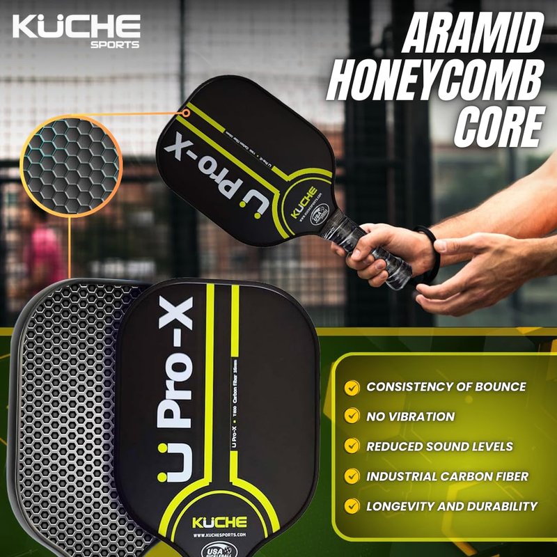 Kuche U PRO-X | T-800 Carbon Fiber Pickleball Paddle - Aramid Honeycomb Core -16MM Thick Sandblasted Surface for Spin & Control - USAPA Approved Pickle Ball Equipment for Men & Women