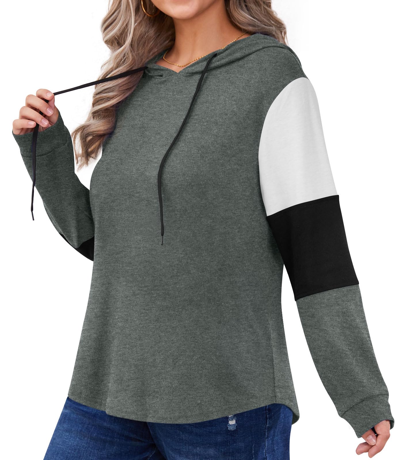 BISHUIGE Women's Winter Plus Size Fashion Color Block Hoodies Long Sleeve Tops, 2XL, Dark Gray