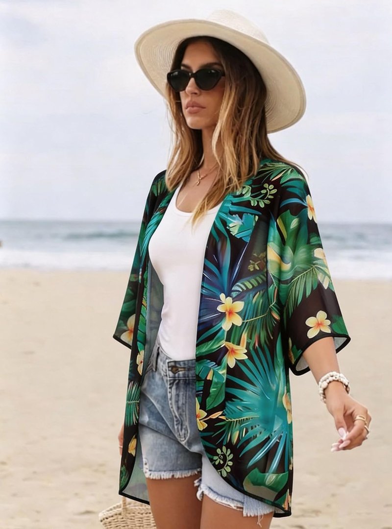 Floral Print Puff Sleeve Kimono Cardigan - Casual Loose Blouse Top for Women | 2026 Design