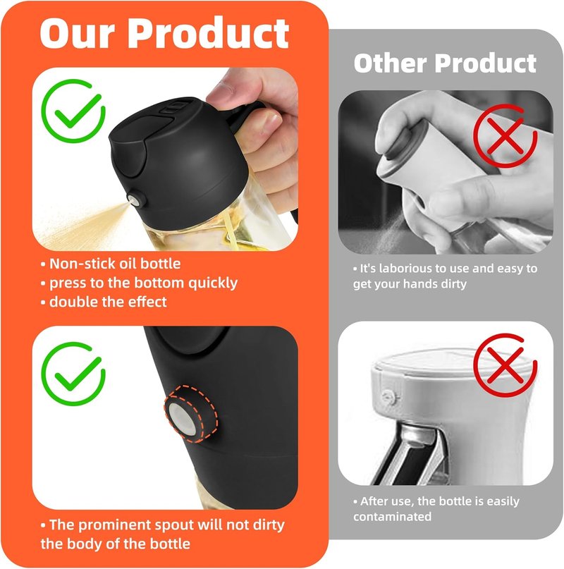 16oz Glass Olive Oil Sprayer - 2-in-1 Dispenser for Cooking, BBQ & Salad | Black