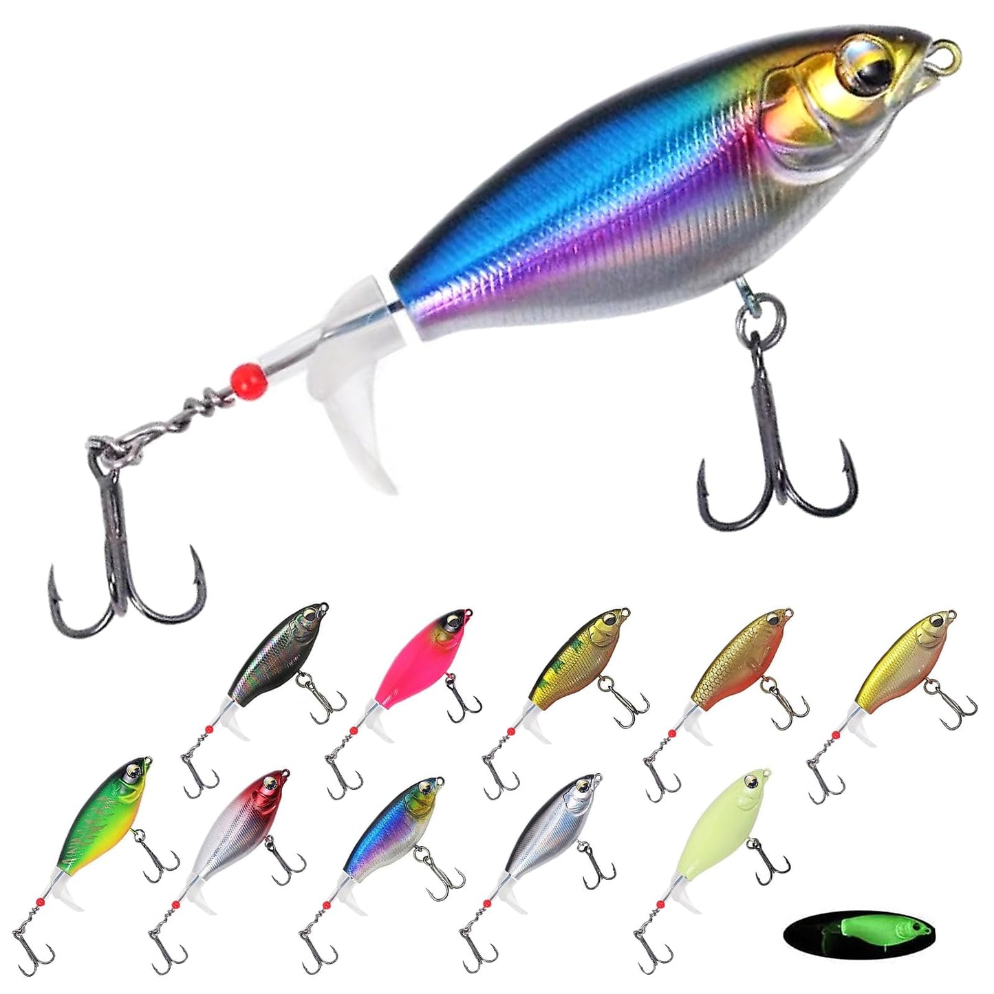 Bnque 10Pcs Fishing Lures for Bass, Whopper Lures Kit, Top Fishing Water Lure with Hooks, Popper Floating Lure for Bass Catfish Pike