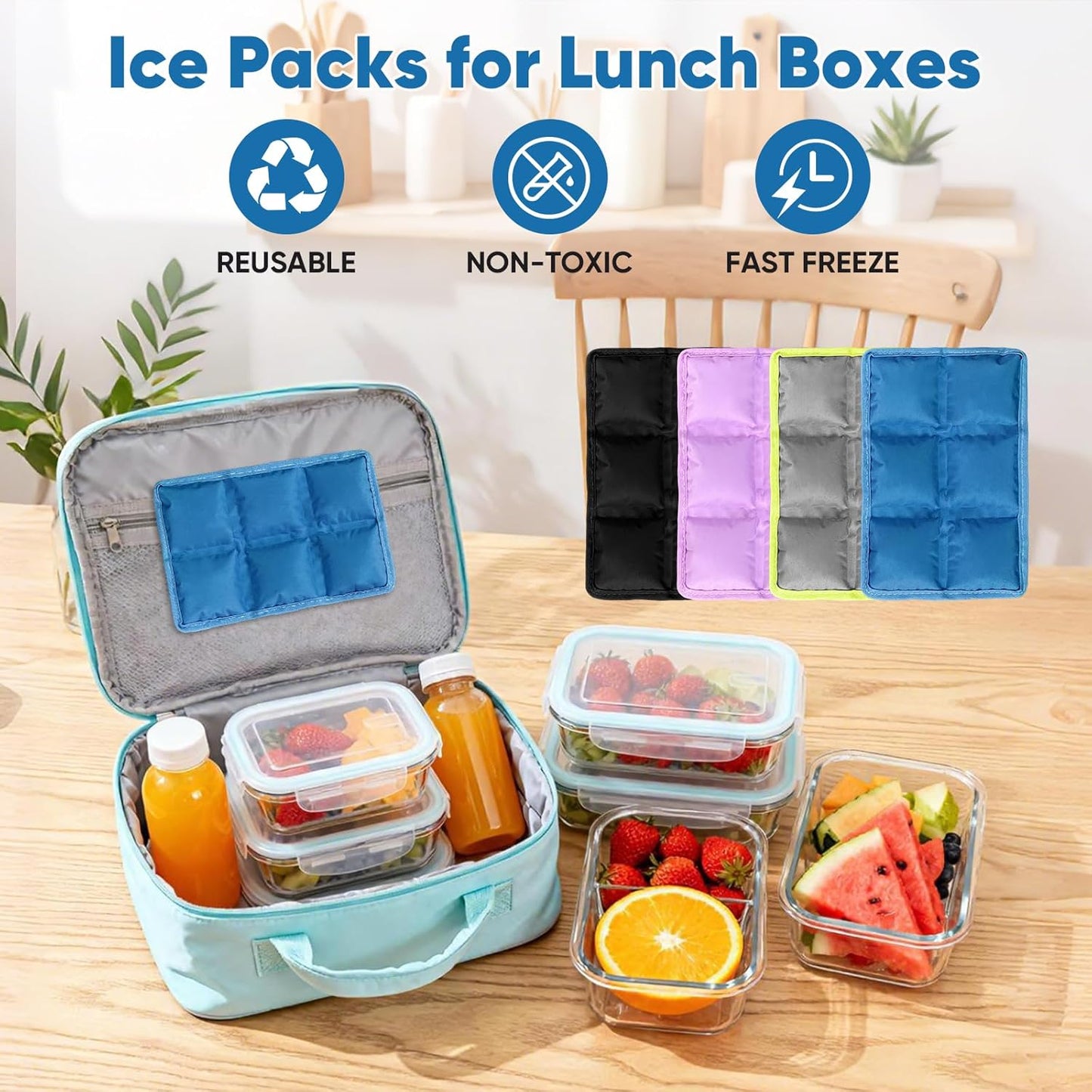 Ice Packs for Lunch Boxes & Coolers - Slim Reusable Space-Saving Design | Multi-Colored Non-Toxic (6"x4"x0.7")