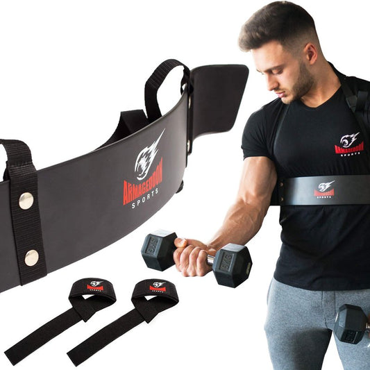 ARMAGEDDON SPORTS Premium Arm Blaster Biceps Isolator + Bonus Weight Lifting Straps, Heavy Duty Bicep Blaster Curl Support Muscle Builder for Triceps/Biceps Workout, Build Bigger Arms
