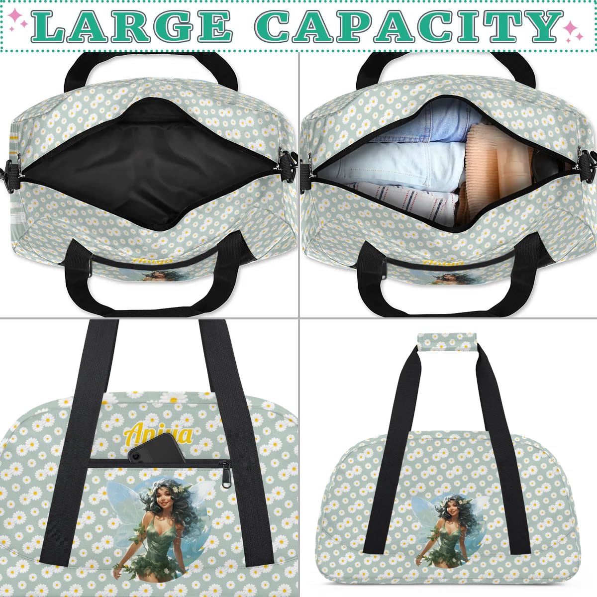 Personalized Gym Bag for Kids Girls, Butterfly Elf Girl Green Custom Small Duffel Bag with Padded Handles Carry On Weekend Travel Bag for School Practice Ball Games