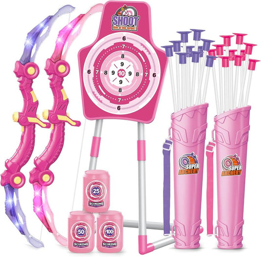 SpringFlower Bow and Arrow Set - LED Light-Up Archery Kit with 2 Foam Dart Guns for Kids 5-10 Years Old | Includes Standing Target