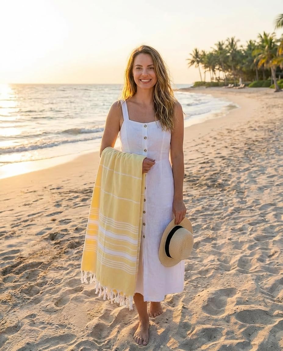 Bazaar Anatolia Turkish Beach Towel, 100% Cotton, 71x39 in, Stripe Yellow