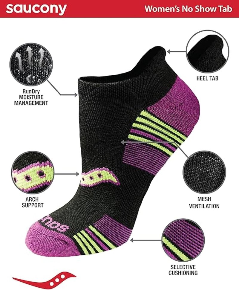 Saucony Women's RunDry Athletic Socks - Performance Heel Tab | Sizes S-L (8, 16, 24 Pairs)