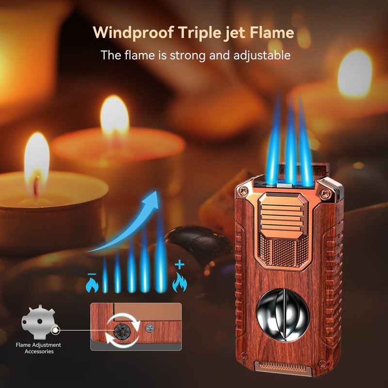 All-in-One Torch Lighter with Built-in V Cutter, Holder, Punch, and Draw Enhancer Tool, Adjustable Triple Jet Flame Lighter with Accessories, Refillable Lighter Gift for Men (Butane not Included)