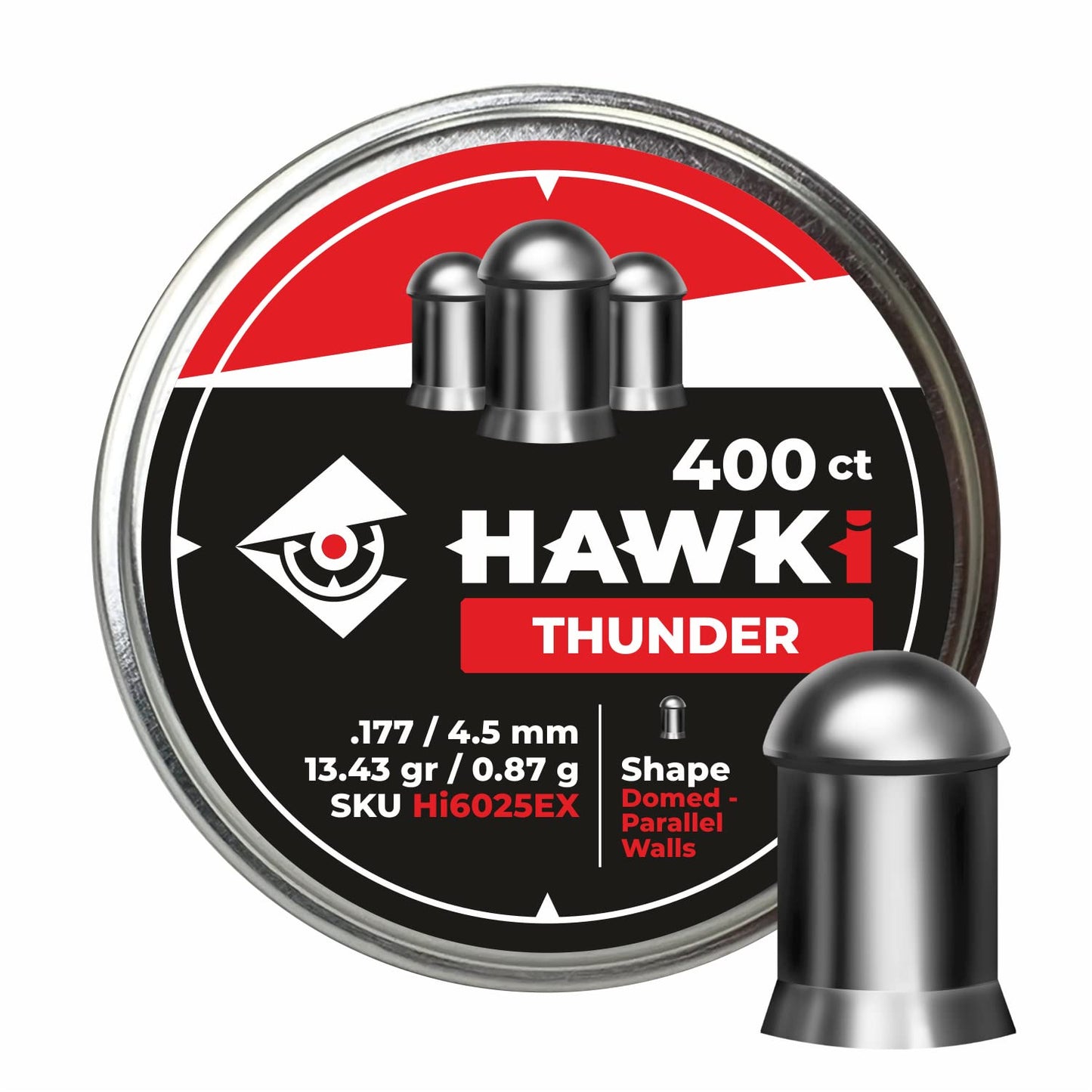 Hawki Airgun Pellets -.177/4.5mm Caliber (13.43 gr/0.87 g) 400 ct Hi6025EX Domed - Parallel Walls