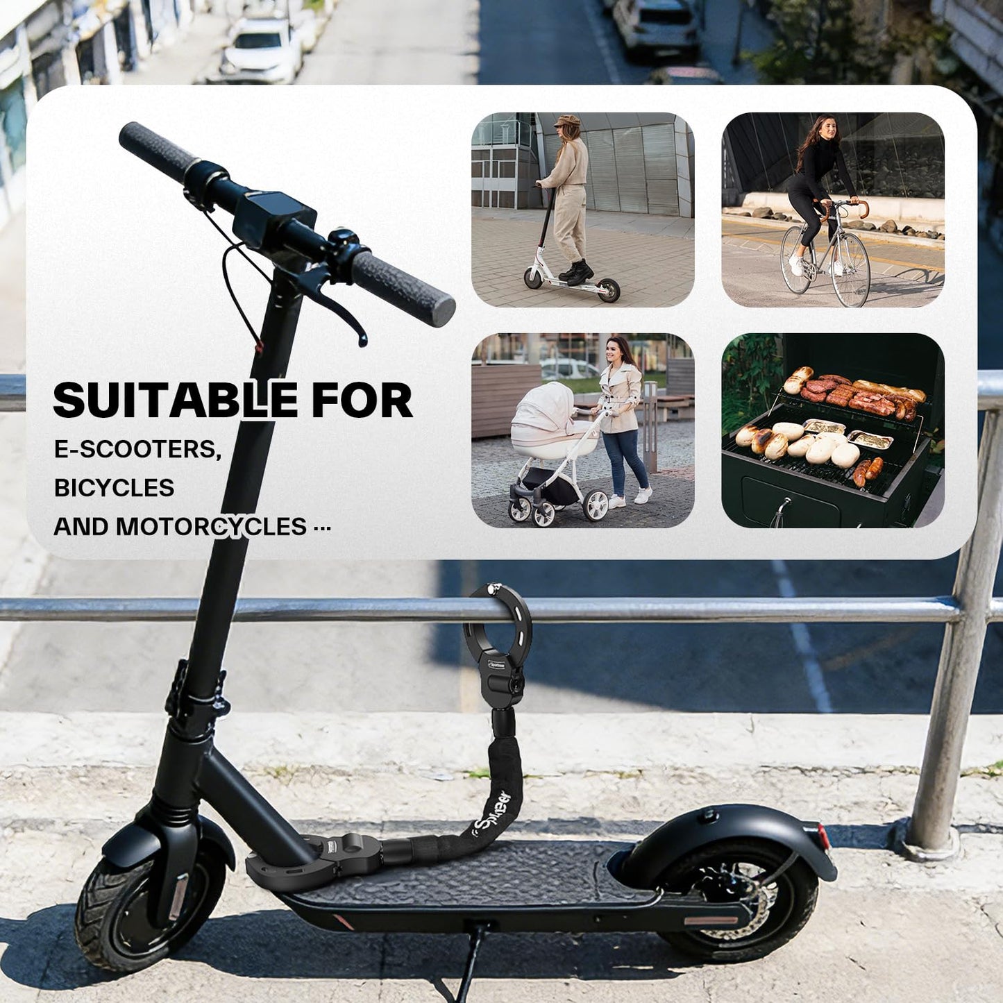 Sportneer Scooter Lock: 7mm Square Chain Anti-Theft Cut Resistant Bike Lock with 3 Keys, 2.46ft/75cm Heavy Duty 3 Position Adjustment Bike Chain Lock for E-Bike/Electric Scooters, Door, Gate
