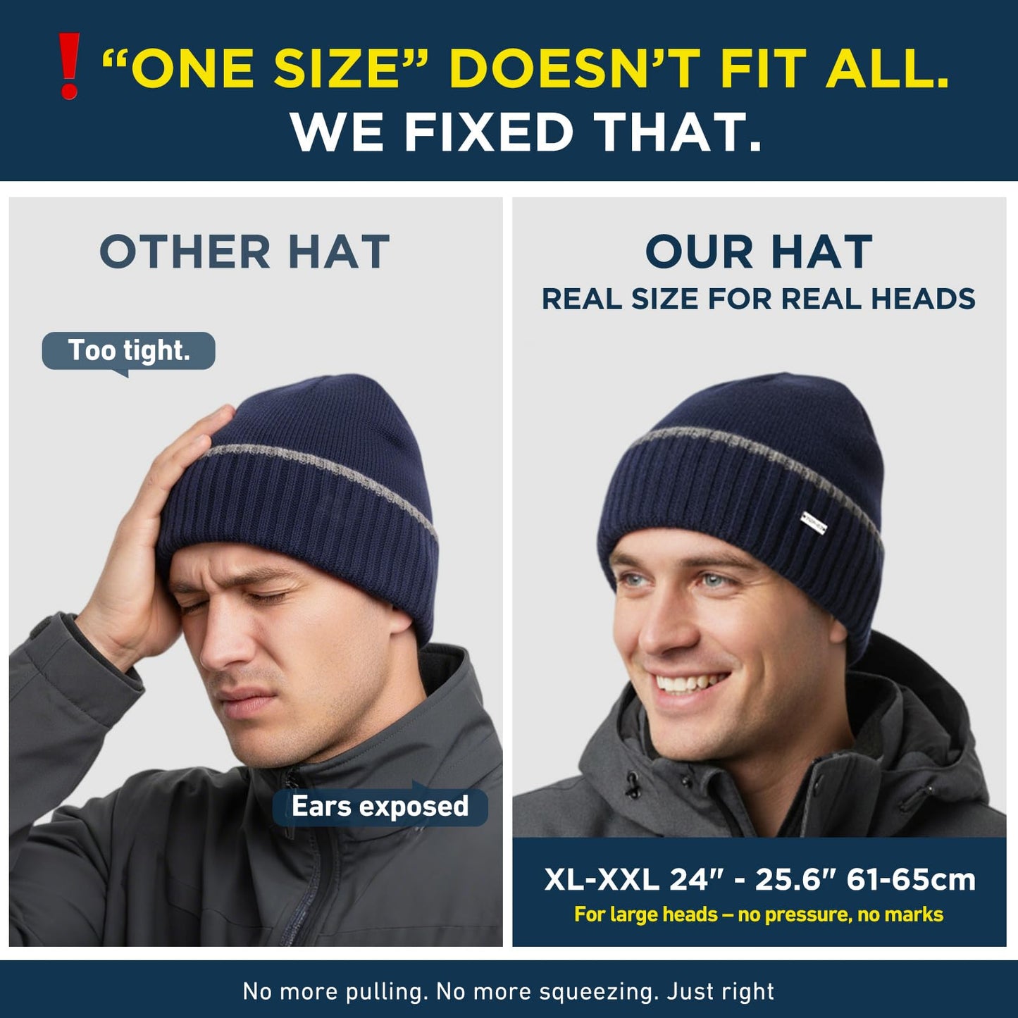 TOP-EX XL/XXL Men's Merino Wool Winter Beanie Cold Weather Knit Hat with Fleece Lining for Men Skull Cap Big Head Oversize Black