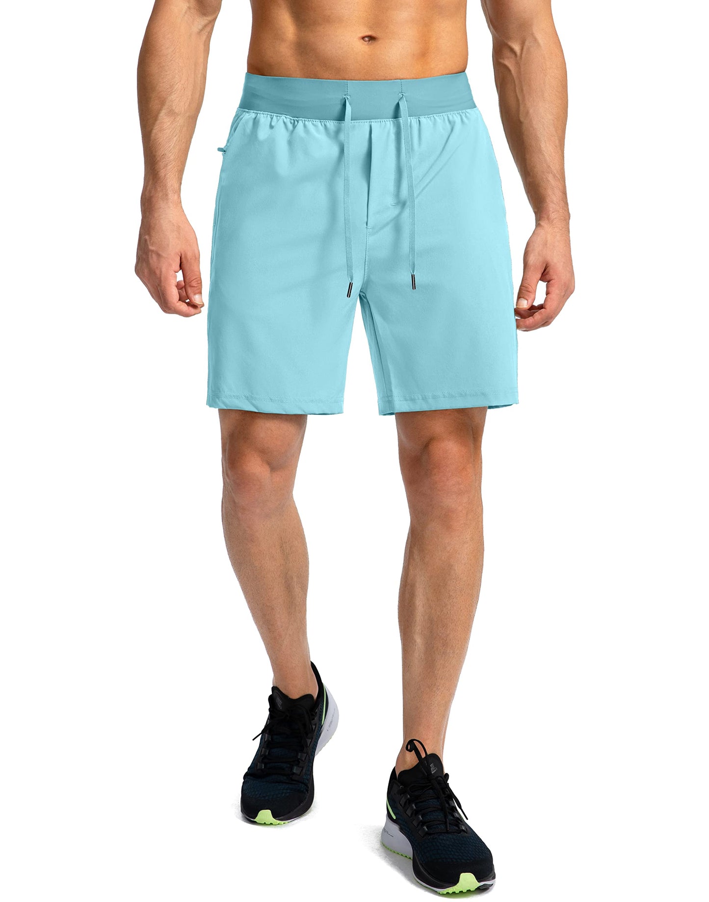 Soothfeel Men's Running Shorts with Zipper Pockets 7 Inch Lightweight Quick Dry Gym Athletic Workout Shorts for Men (Light Blue, L)