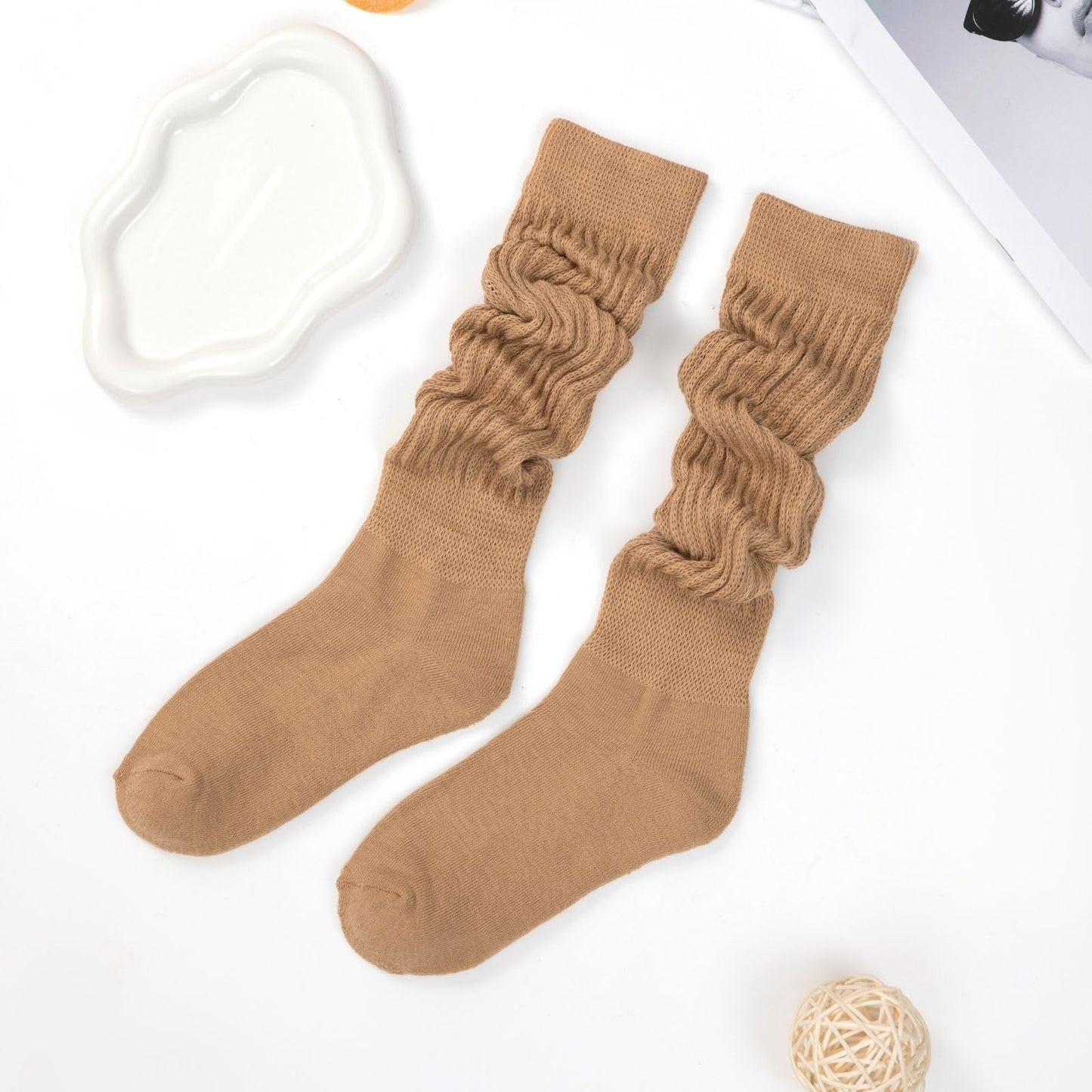 STNFAMILI Slouch Scrunch Socks for Women, Long High Tube Socks Women (2 Pairs - Beige/Camel)