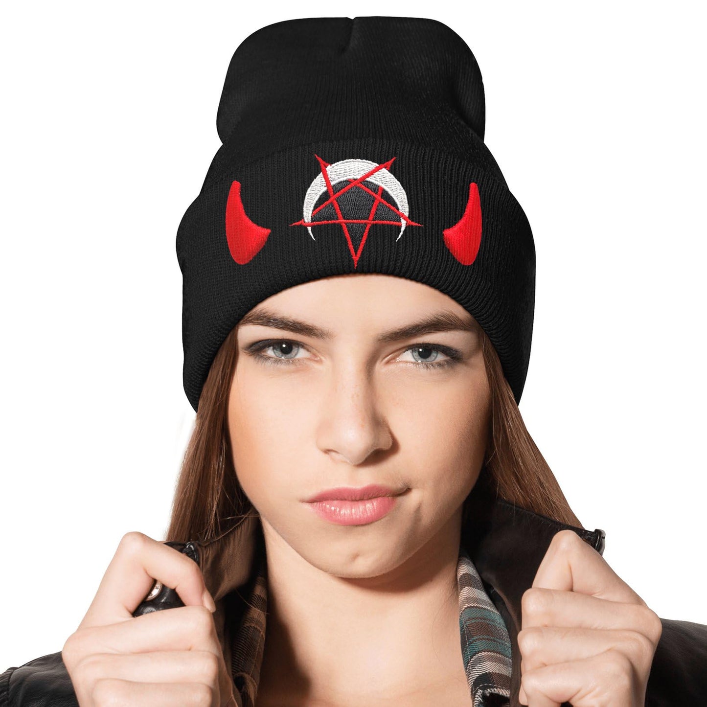 Goth Spooky Horror Demon Devil Horned Embroidery Beanie Black Knit Hat for Men Women, Casual Skull Knit Cap