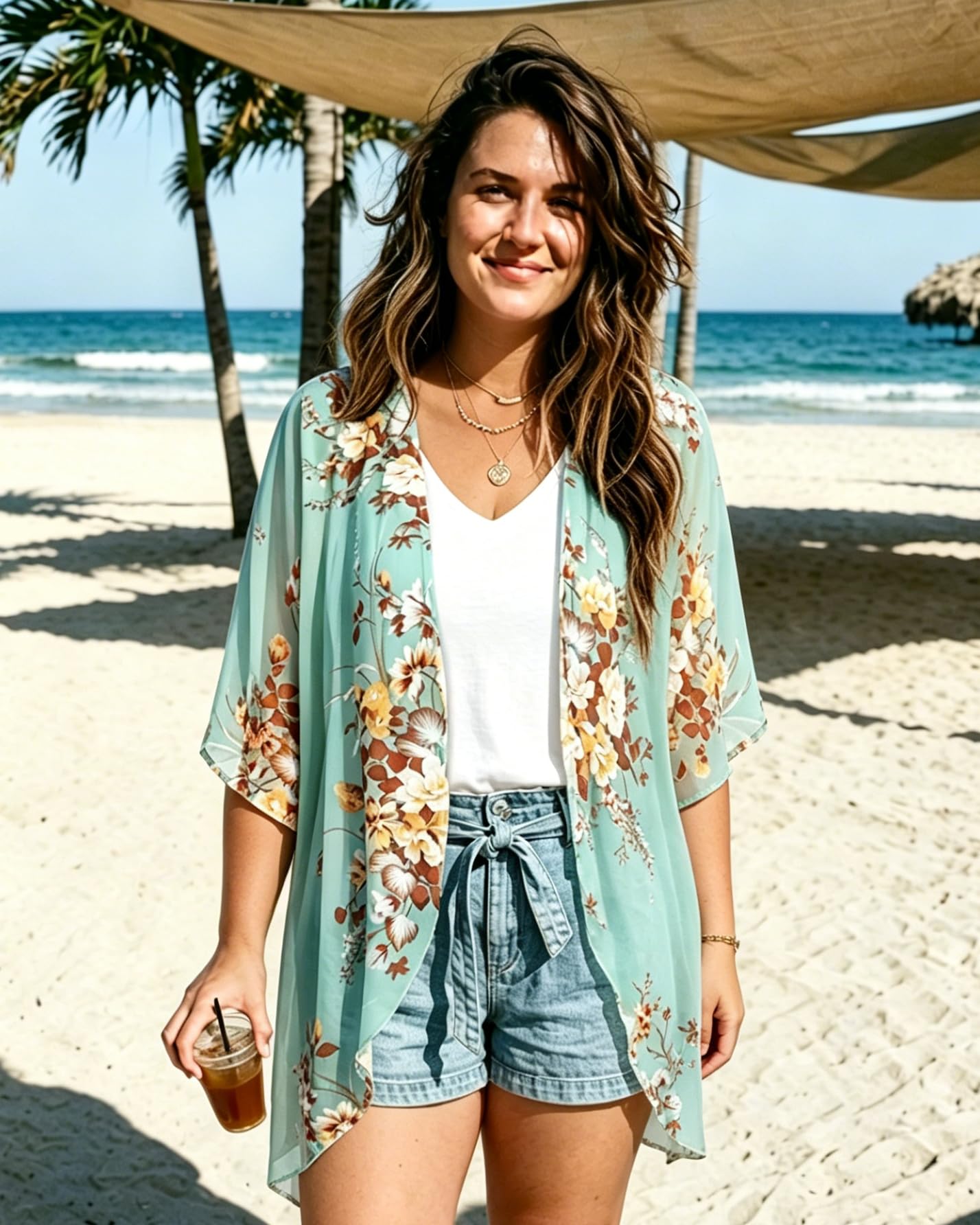 Womens Kimonos Bathingsuit Cover Ups Floral Cardigan 3/4 Sleeves Shrug Summer Tops Resortwear(Aqua Blue,3XL)