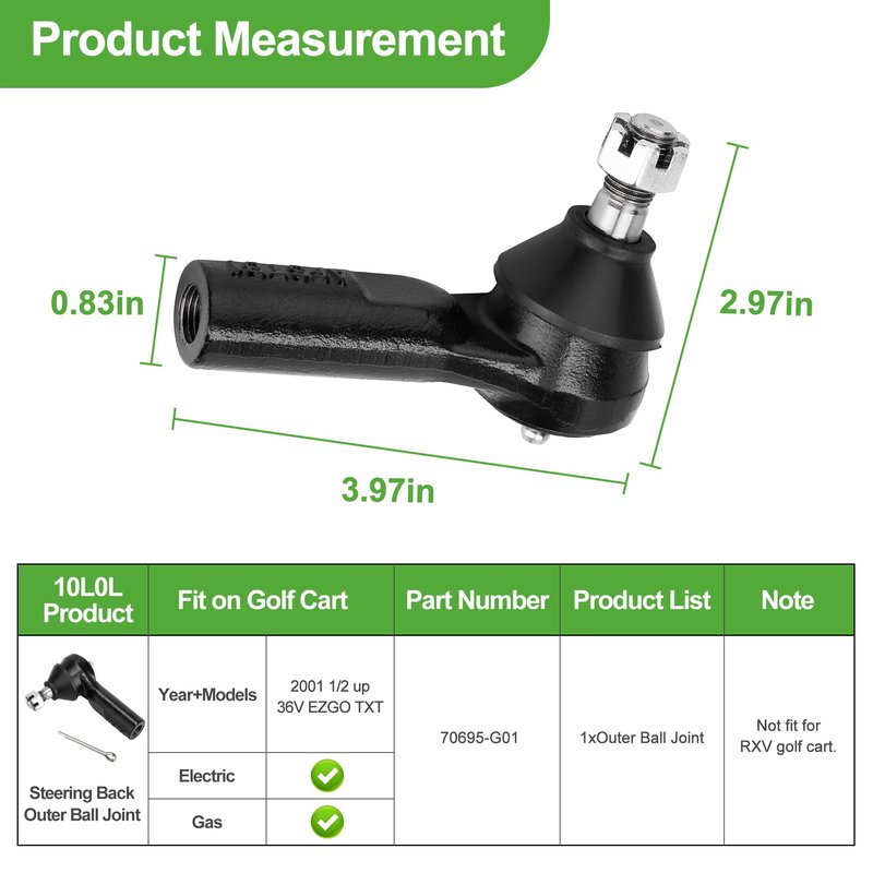 10L0L Golf Cart Steering Rack Outer Ball Joint for 2001-up EZGO TXT G&E Golf Carts(Except RXV), OEM# 70695-G01 70695G01