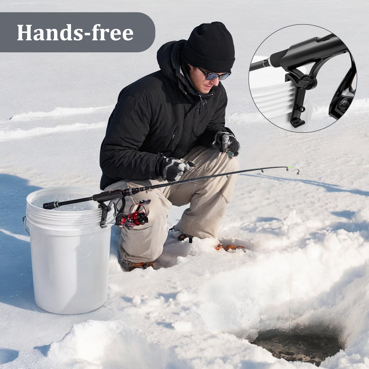 Huntury Adjustable Bucket Rod Holder for Ice Fishing, Clip On Mount, Foldable, Adjustable Angle, Ice Fishing Accessories, Ice Fishing Gear and Equiment, 4" Adjustable