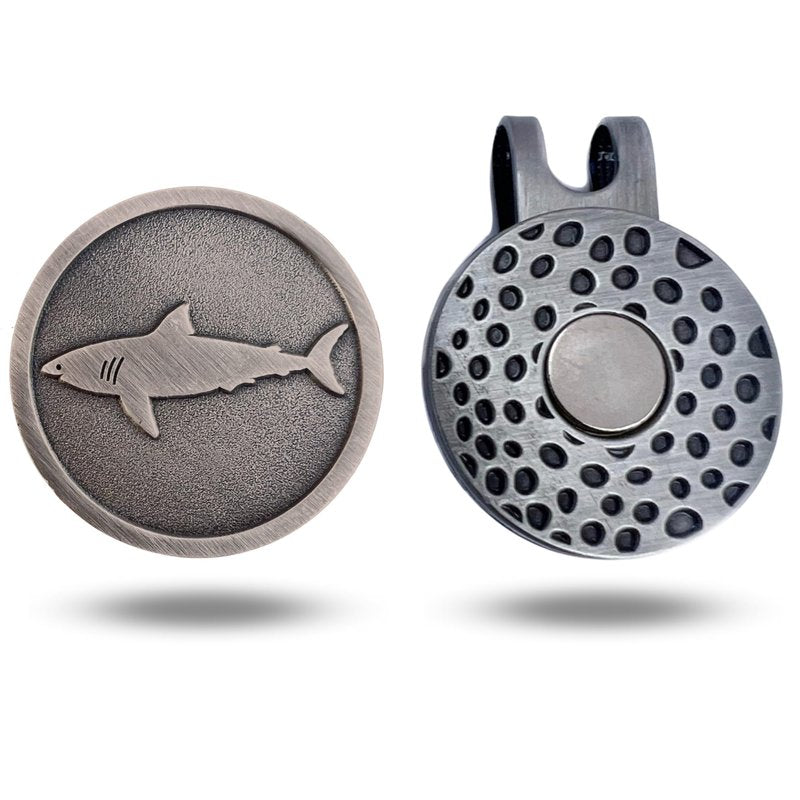 Full Metal Markers Shark Unique Magnetic Metal Golf Ball Marker Accessory with Hat Clip for Men and Women (2 Ball Markers + 1 Hat Clip)