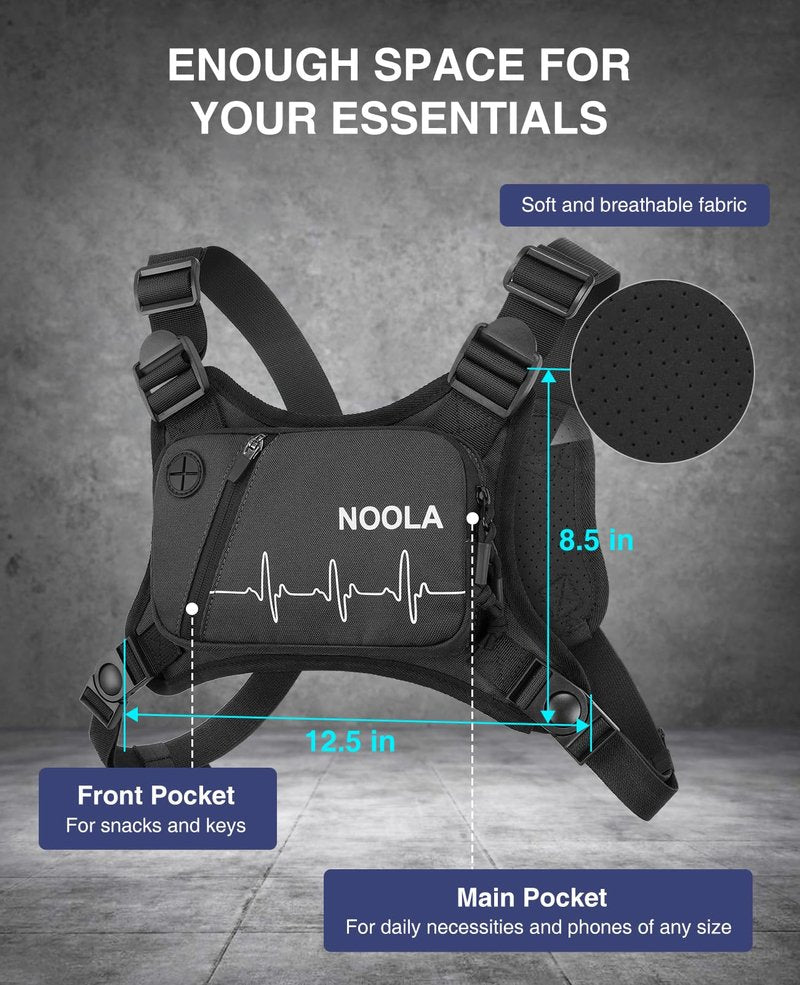 NOOLA Running Chest Pack, Running Vest for Men Women with Reflective Back, Lightweight Sport Chest Bag for Runners, Cycling, Biking, EDC Pouch, Phone Holder Carrier for Jogging, Black