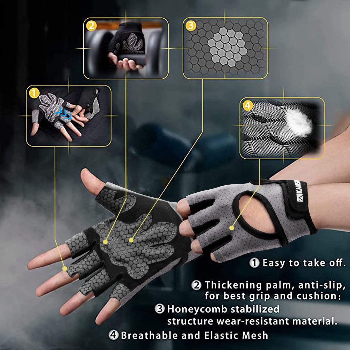 LIFECT Breathable Workout Gloves, Knuckle Weight Lifting Fingerless Gym Exercise Gloves with Curved Open Back, for Powerlifting, Crossfit, Women and Men (Grey, Medium)