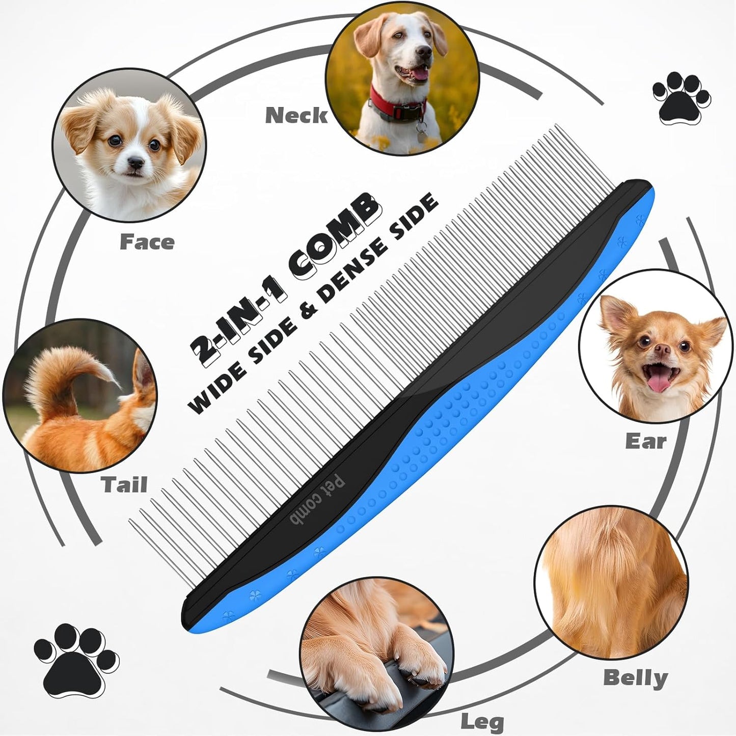 Pet Grooming Rake Set - Double-Sided Dematting Tool & Metal Comb for Cats and Dogs | Extra-Wide Deshedding Brush (Blue)
