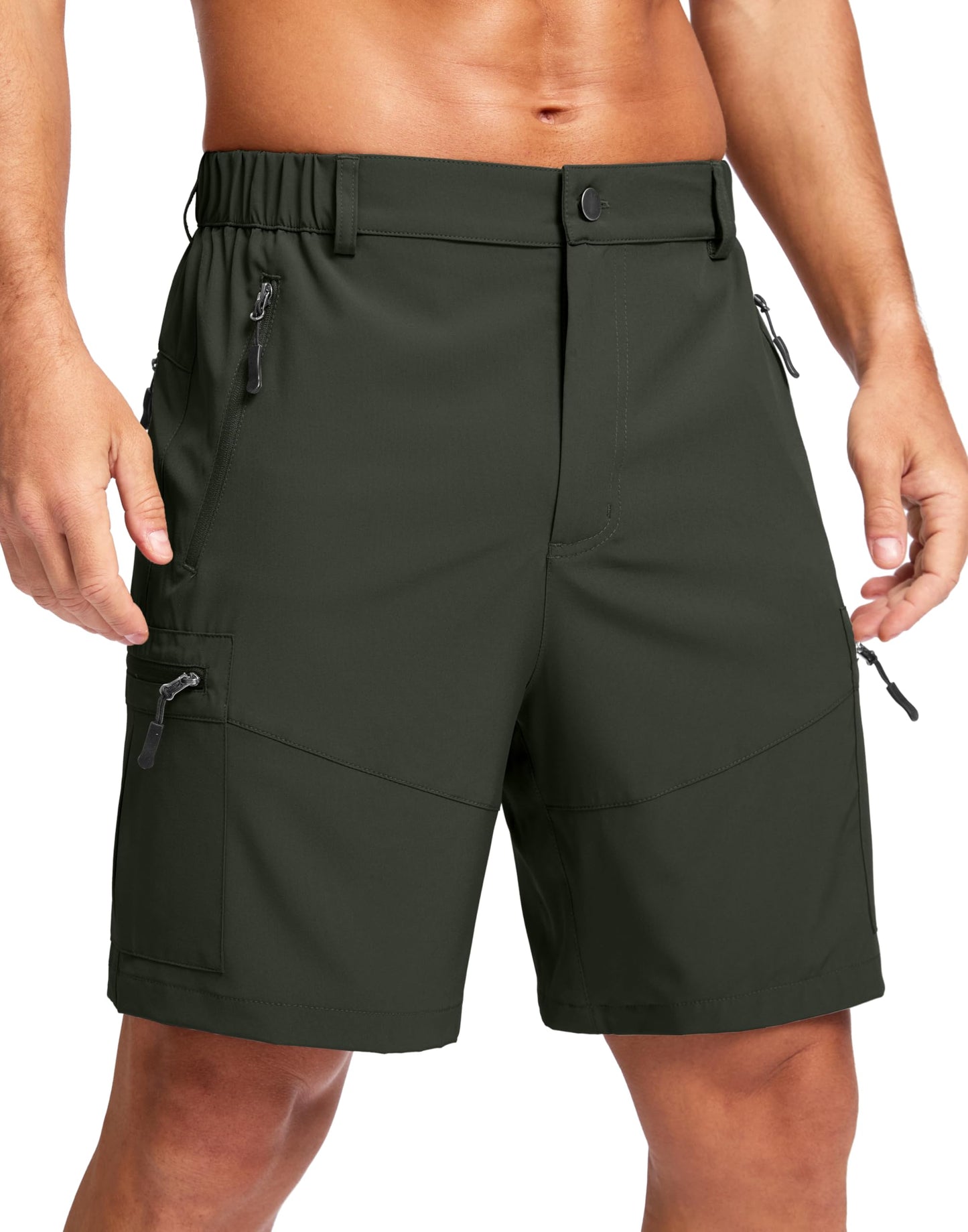 Pudolla Men's Hiking Cargo Shorts Lightweight 7" Travel Casual Shorts for Men Golf Work Outdoor with 5 Zipper Pockets(Army Green Large)