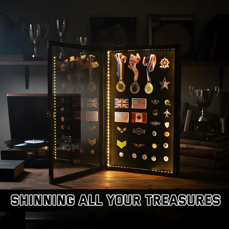 Large Pin Display Case - 25" X 16" with LED Lights & UV Protection | Black Acrylic for Medals & Collectibles