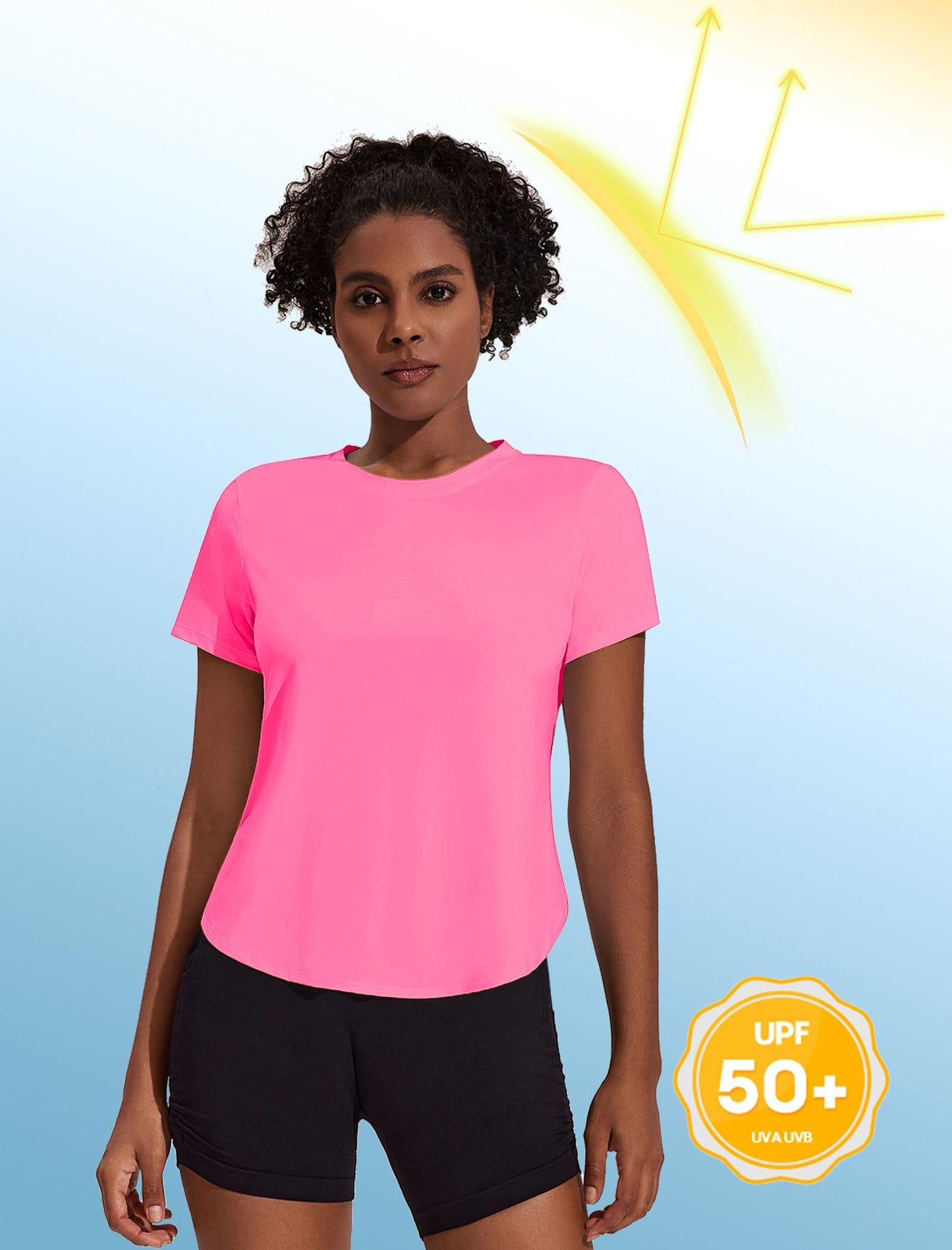 PINSPARK Workout Tops for Women Short Sleeve Workout Shirts Breathable Running Shirt Moisture Wicking Sun Shirt for Athletic Casual, Hot Pink Large