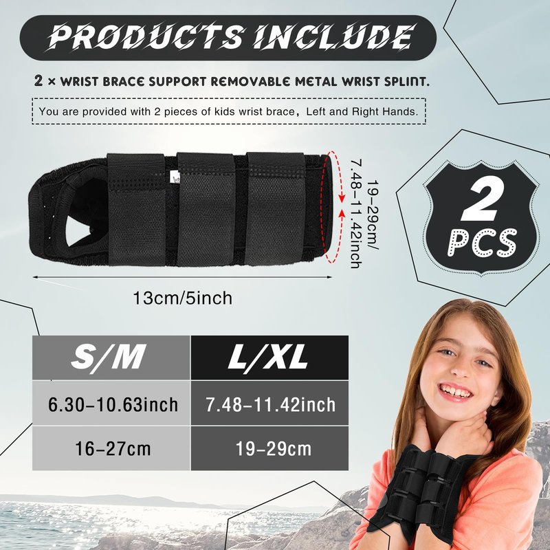Konohan 2 Pcs Wrist Brace for Kids Youth Carpal Splints Wrist Brace Sports Night Support with Adjustable Compression Straps for Children Sleep(Black,Age 8-12)