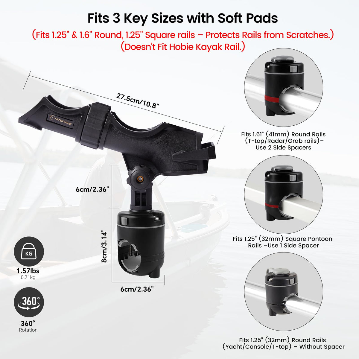 Hitorhike Fishing Rod Holder Universal Fit Kit with Mount Allows for 360-degree Adjustment Kayak Fishing Boat Powerlock Rod Holder (Fishing Rod Holder x2+Round&Square Rail Mount x2)
