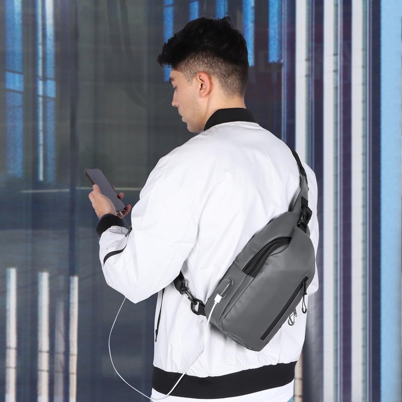 VALUEQLO Waterproof Sling Bag for Men Women Crossbody Backpack with USB Charging Port & Headphone Hole, Anti Theft Chest Pack Daypack, Adjustable Shoulder Bag for Travel, Hiking, Running, Light Grey