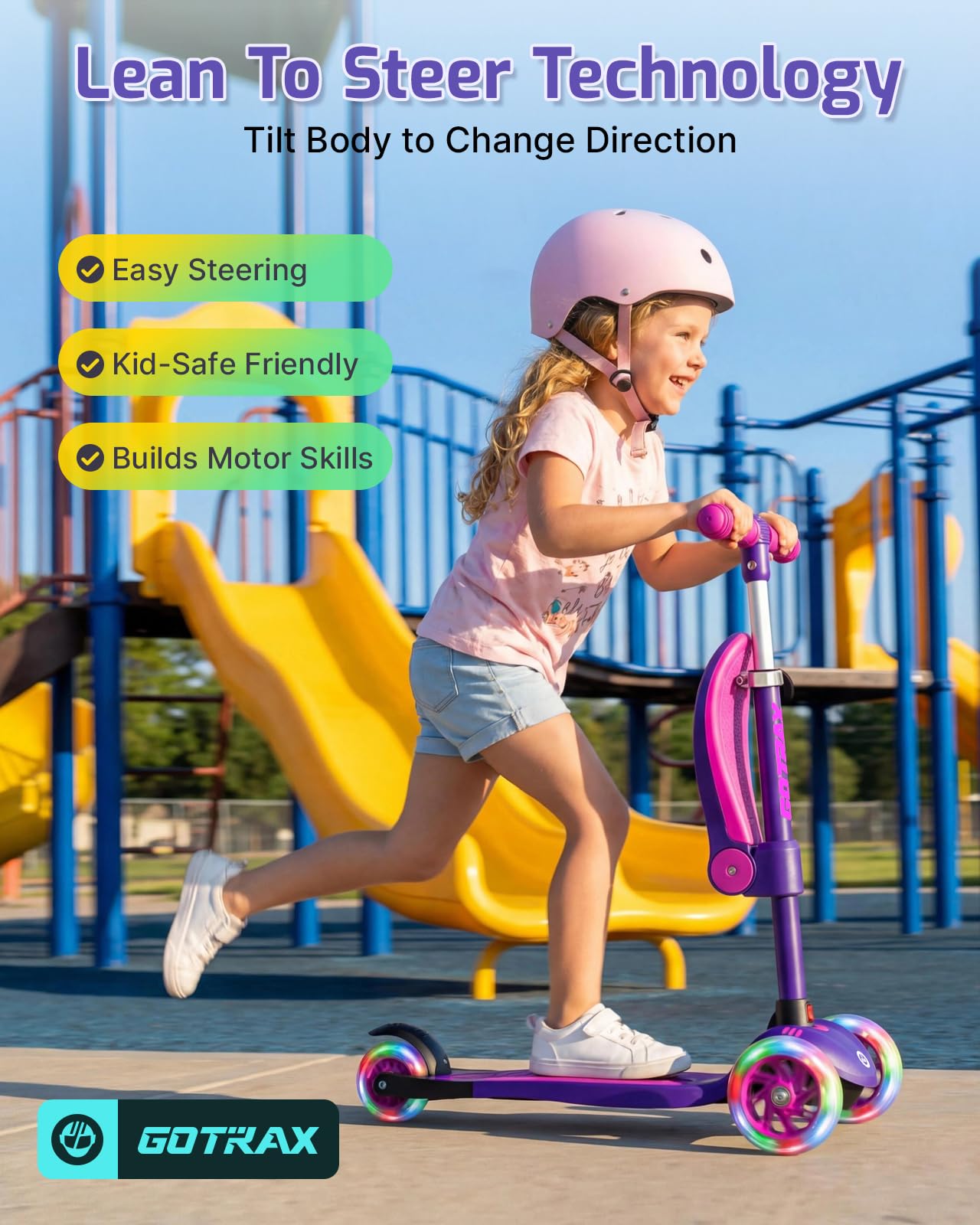 Gotrax KS3 Kids Kick Scooter, LED Lighted Wheels, Adjustable Height Handlebars and Removable Seat, Lean-to-Steer & Widen Anti-Slip Deck, 3 Wheel Scooter for kids Ages 2-8 and up to 100 Lbs (Purple)