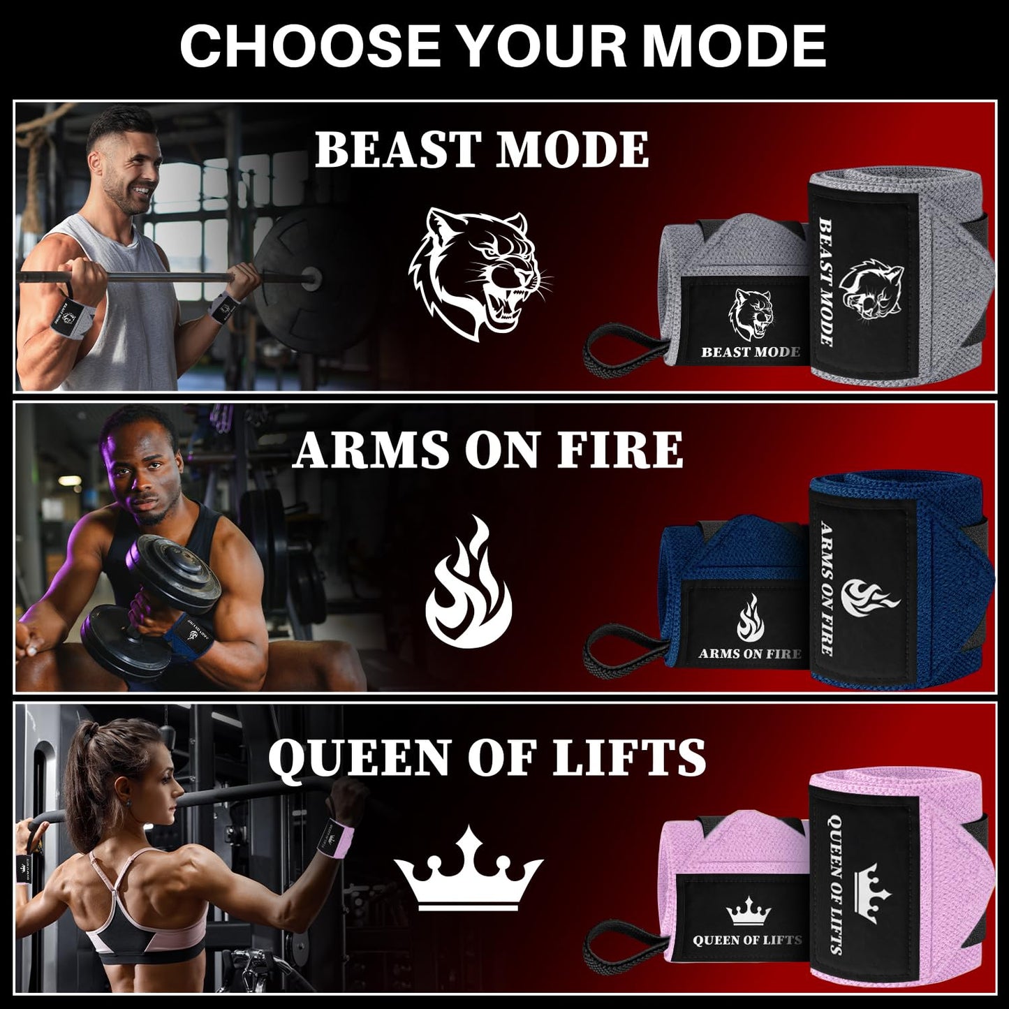 TECEUM Weightlifting Wrist Wraps with Thumb Loop – Pink – Beast Mode – 18 inch – Heavy-Duty Workout Wrist Support & Protection – Ideal for Powerlifting, Strength Training, Bodybuilding
