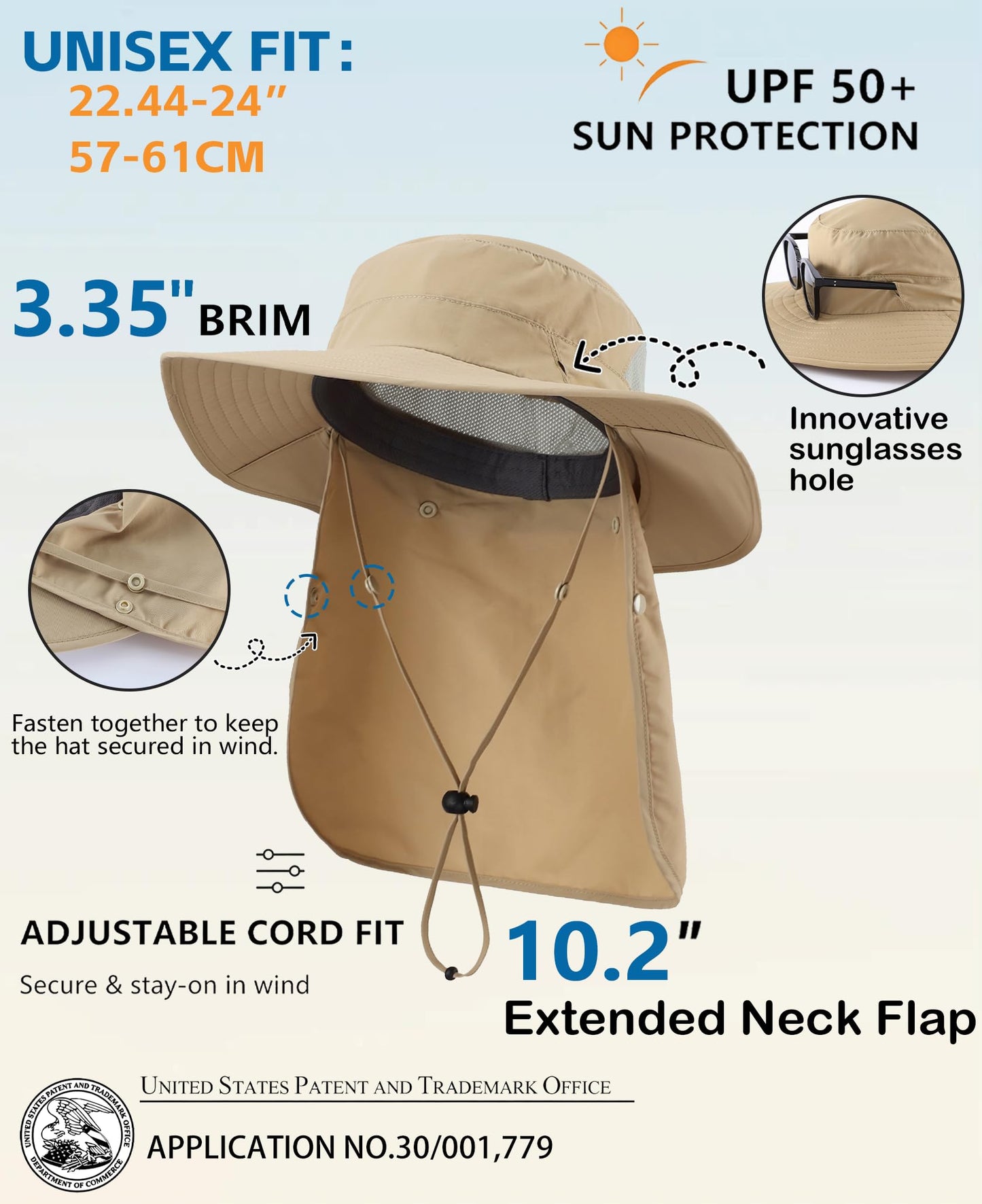 Home Prefer UPF 50+ Wide Brim Sun Hat with Neck Flap for Men Women UV Protection Bucket Hat for Fishing Gardening Hiking Beach Safari Khaki