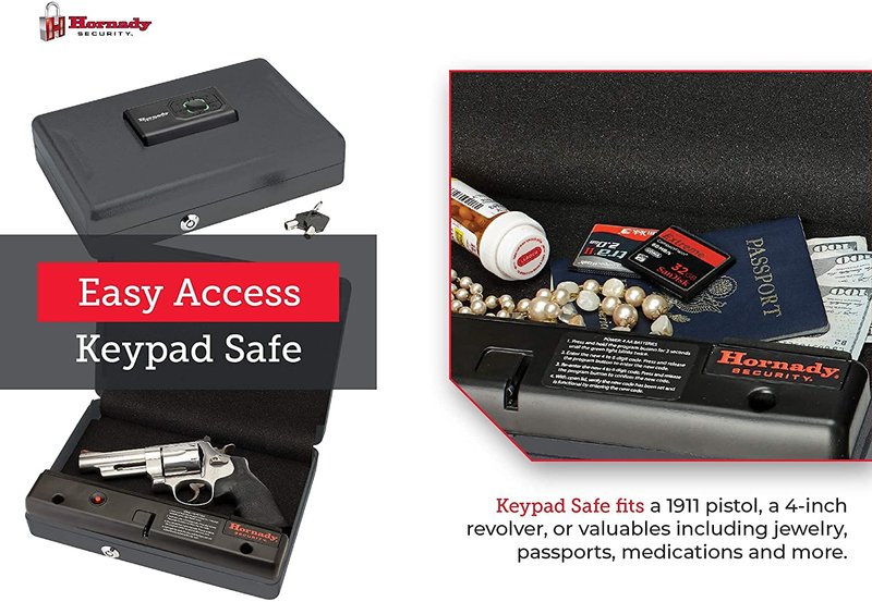 Hornady Handgun Vault Safe with Keypad Entry – Secure Your Firearms and Valuables – 4-6 Keypad Entry, Interior Light and Backup Keys – Black, 12 (H) x 8.3 (W) x 2.6 (D) Inches – Item 95432