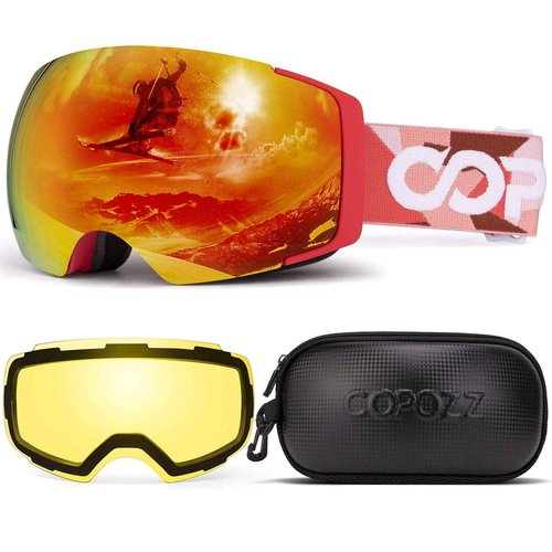 COPOZZ Polarized Ski Goggles Set, M1 Magnetic Snowboard OTG UV400 Skiing Goggles … (Red Lens Red Frame VLT-16.1%)