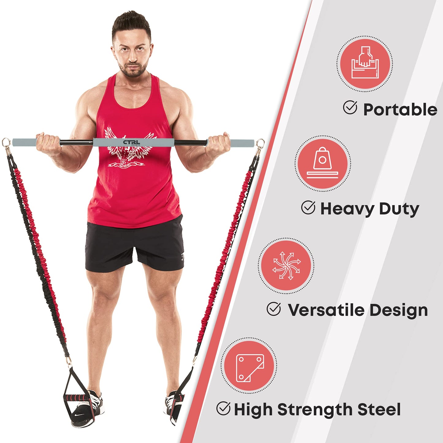 Resistance Band Bar for Fitness – Workout Bar for Exercise, Squat, Biceps, Triceps, Shoulders, Back – Adjustable 3 Parts Bar for Resistance Bands – Durable Portable Steel Pilates Resistance Bar