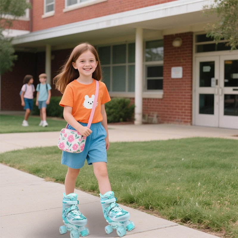 Roller Skates for Kids, Adjustable Quad Skates for Girls and Boys Ages 12-14 with Light Up Wheels, Children Beginners Rollerskates Size 5 6 7 8 Green for Indoor Outdoor