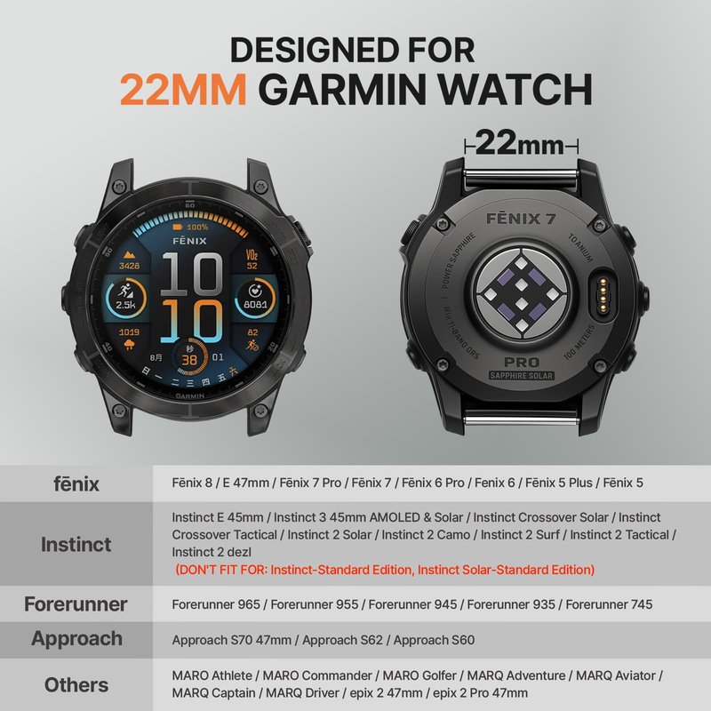 Bandletic 22mm Quick Fit Bands - Nylon Compatible with Garmin Fenix 8 45mm/Fenix 7/7 Pro/6/6 Pro/5/5 Plus/Instinct 2/Forerunner 965/955/945/935/Approach S70 47mm/S62/S60/Epix 2 Pro 47mm/Quatix 7/6/5