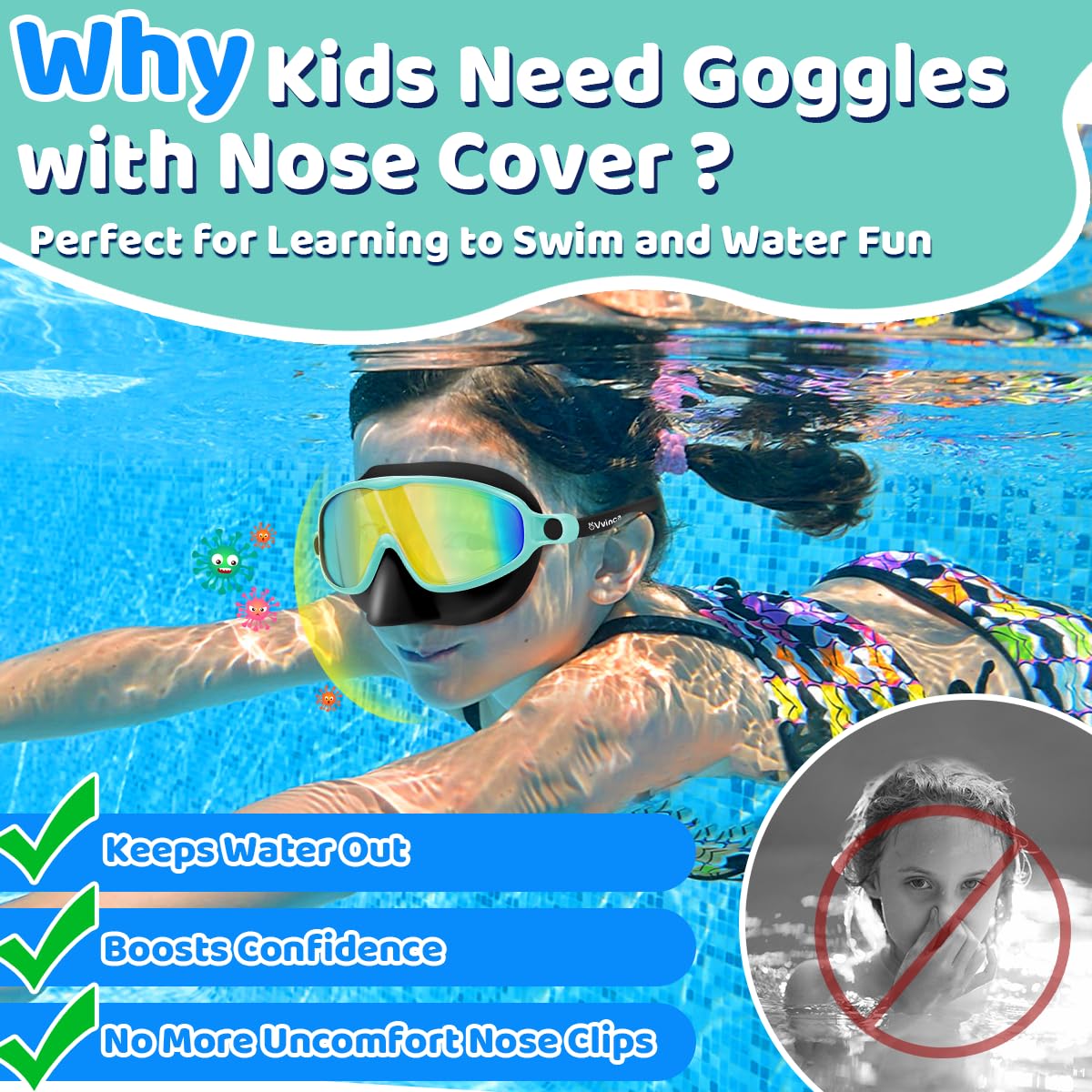 Vvinca Swim Goggles with Nose Cover, 2 Pack Wide View Diving Mask Anti-Fog UV No Leak Toddlers Swimming Goggles for Kids 3-12