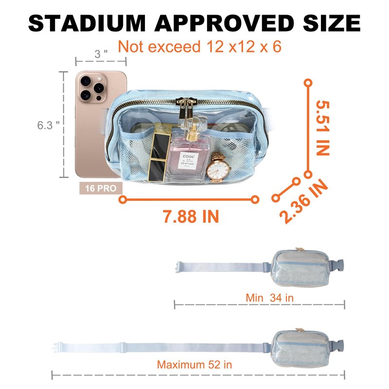 Clear Bag for Stadium Events, Clear Fanny Pack for Women, Stadium Crossbody Purse with Adjustable Strap, TPU Waist Pack for Concerts Sports Travelling Hiking Running (Blue)