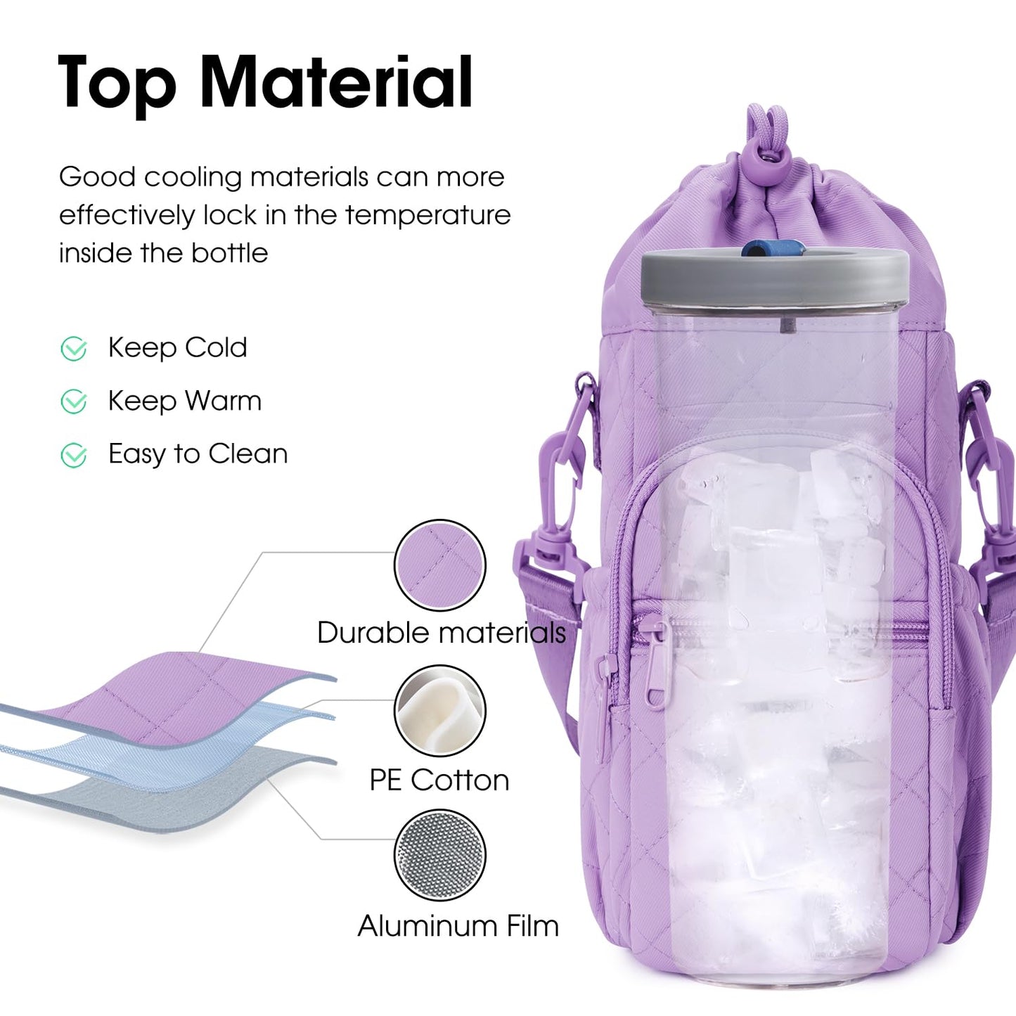 sportsnew Quilted Water Bottle Holder with Strap 32oz 40oz Insulated Quilted Water Bottle Pouch Carrier Sling Bag with Phone Pocket Water Bottle Sleeve for Walking Hiking, Quilt Purple Patent Pending