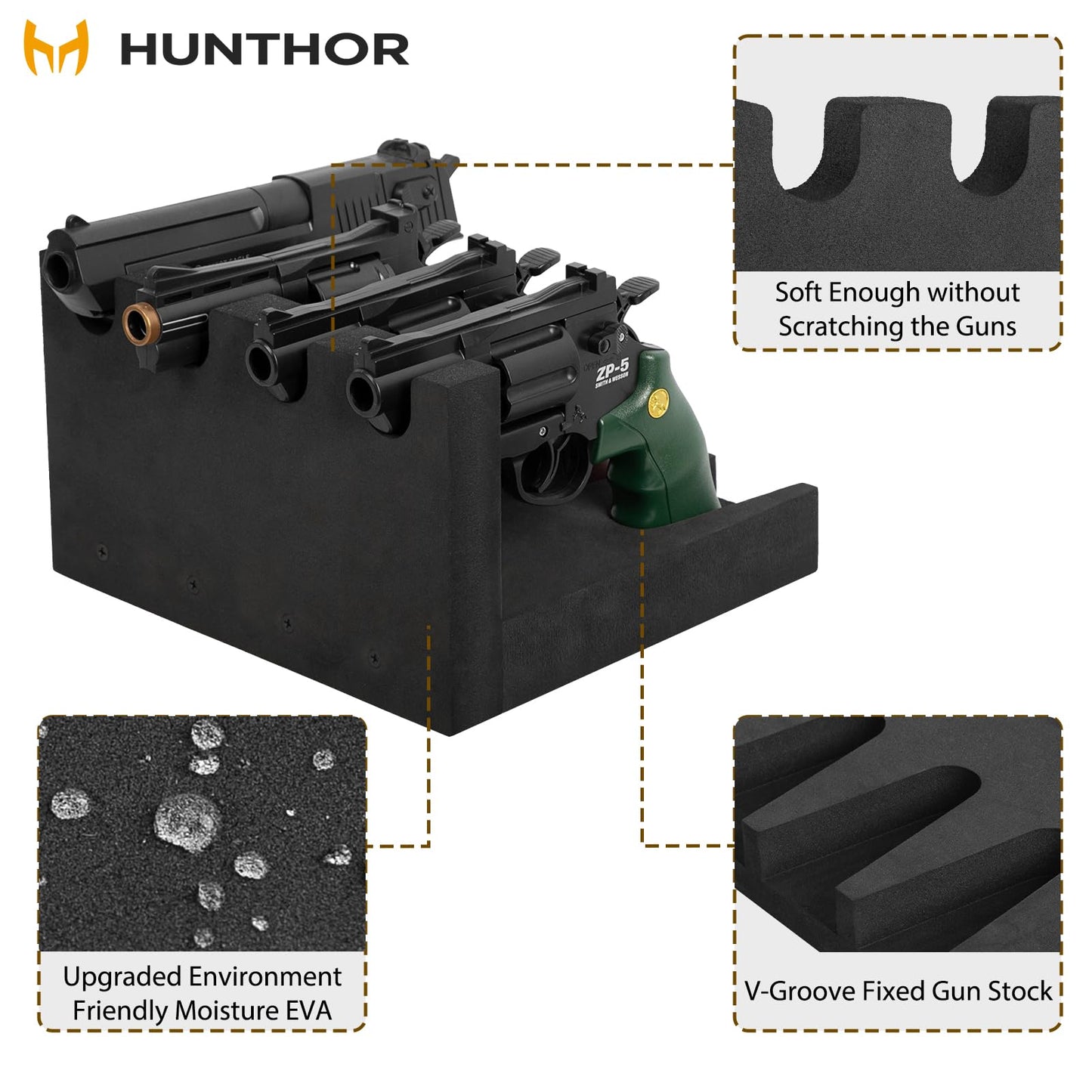Hunthor 4 Slot Pistol Rack, Easy-to-Install Gun Safe Pistol Holder, Foam Handgun Rack for Gun Safe Organizer, Gun Rack Storage Gun Cabinet Accessories