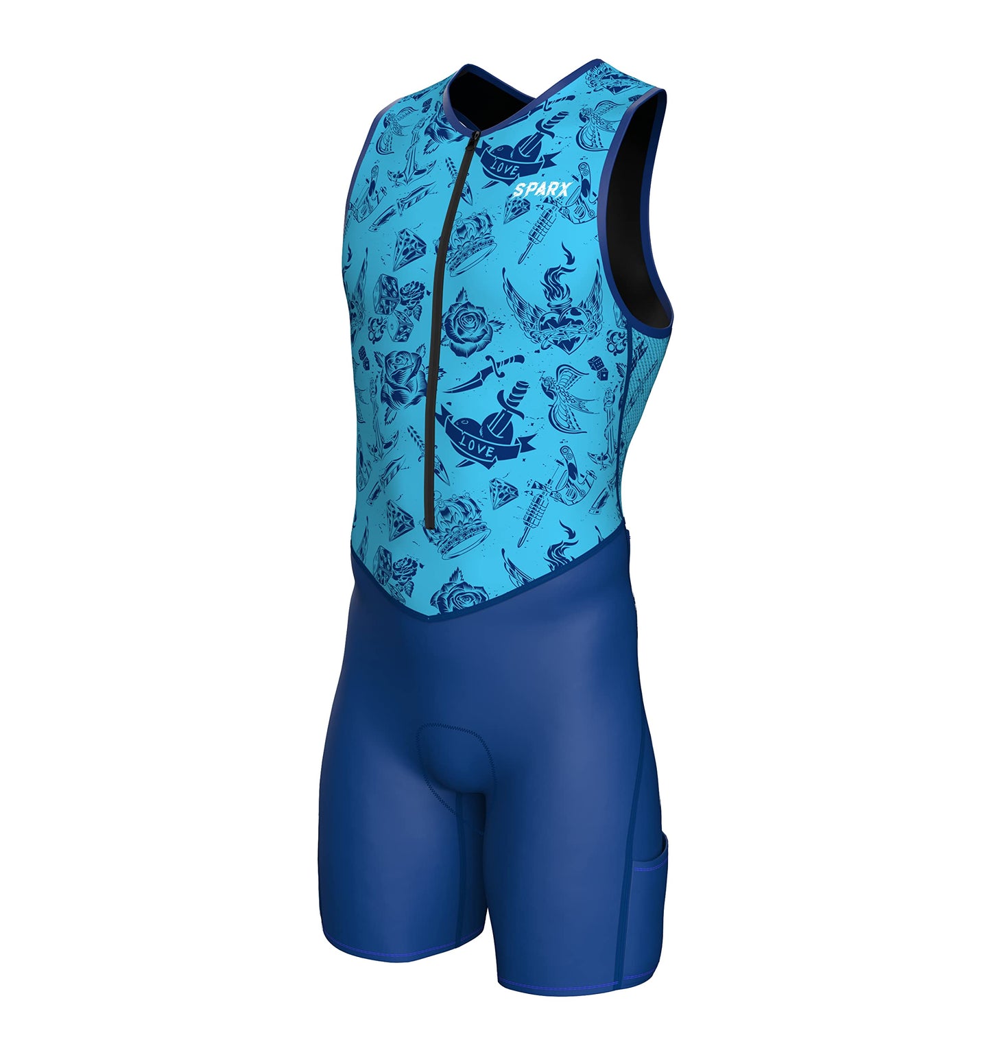 Sparx Men's Premium Triathlon Suit – Padded, Quick-Dry, Compression Fit, Lightweight Tri Suit for Swim, Bike, Run Race & Training (3XL, Blue Tattoos)