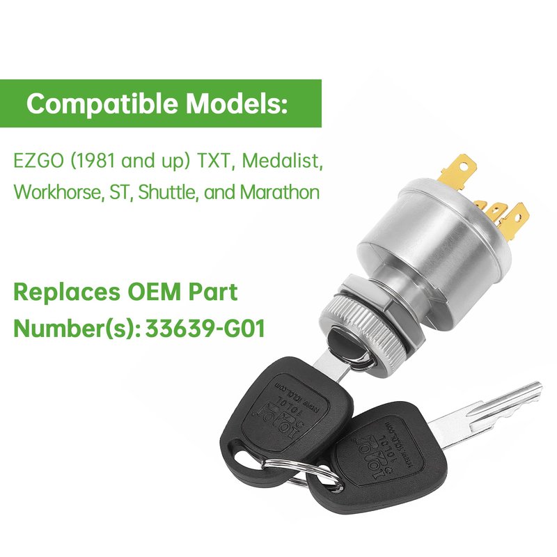10L0L Golf Cart Ignition Switch 33639-G01 for EZGO E&G All Years, 3 Way 4 Spade Terminal Starter Switch Key with 2 Standard Keys for Light or Accessories