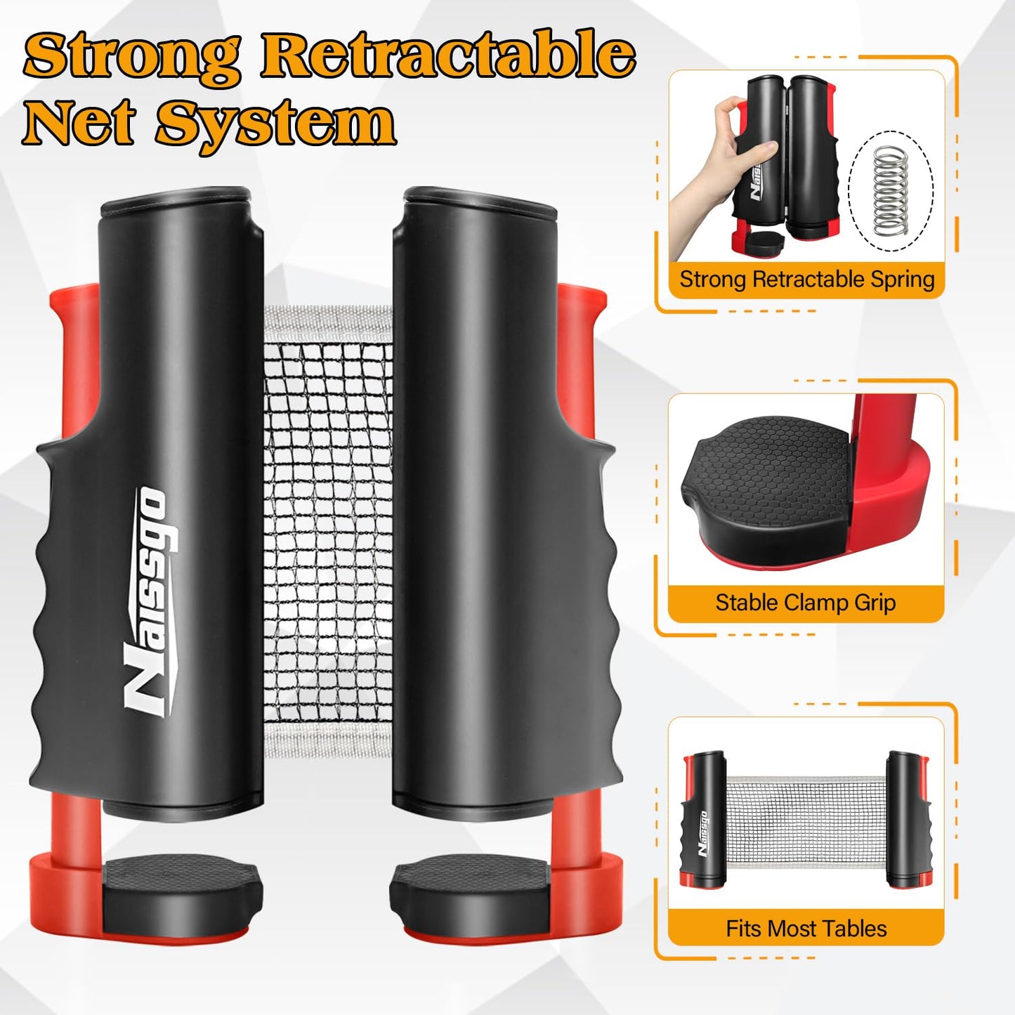 Naissgo Table Tennis Set with Retractable Net, Portable Ping Pong Paddle Set with 2 Rackets, 8 Balls and Mesh Bag, Easy Setup Table Tennis Kit for Indoor Outdoor, Beginners, Home and Office