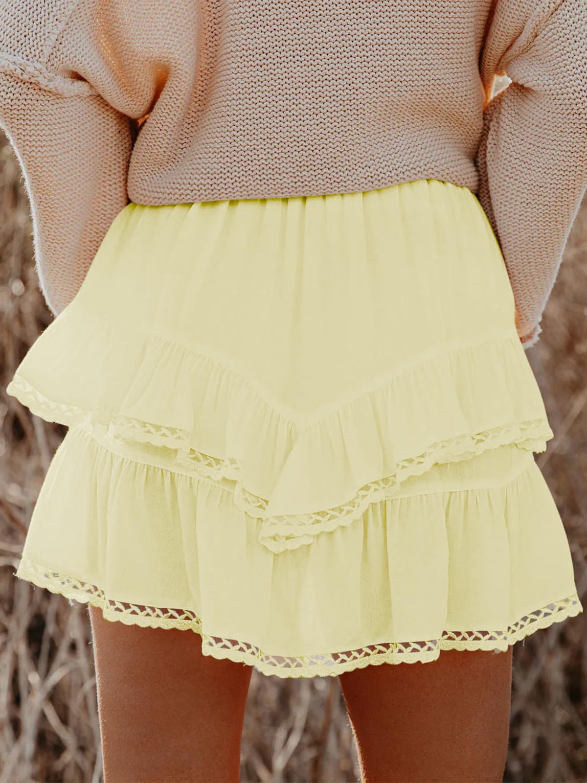 Aoudery Flowy Shorts for Women Casual Boho Ruffle Tiered Skorts High Waist Mini Skirts Golf Tennis Butterfly Crochet Shorts - Light Yellow M