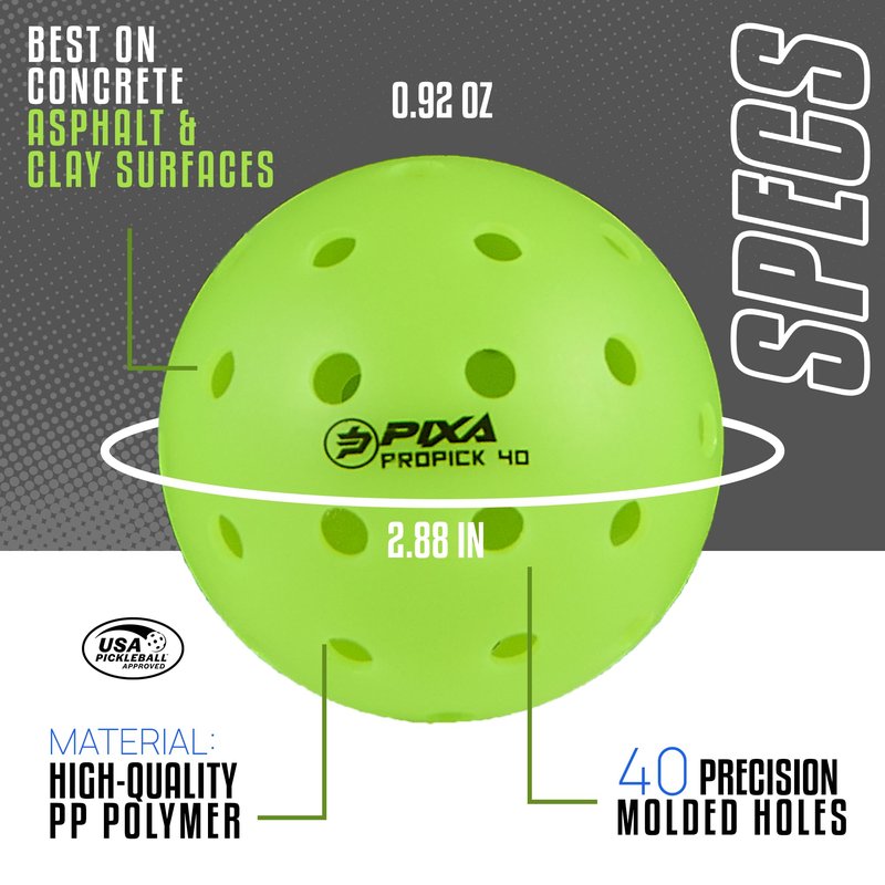 PIXA Propick 40 Unisphere Premium Outdoor Pickleball - USAPA Approved, Tournament Play, Durable Outdoor Pickleballs, Consistent Bounce,Smooth Flight,Competitive Play,Bright Yellow/Green,Pack of 12