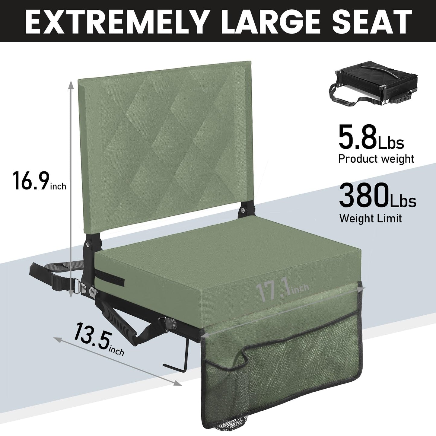 Sheenive Green Stadium Seats for Bleachers with Back Support, Padded Soft Comfy Backs and Cushion, Wide, Portable Folding Comfort Chair with Shoulder Strap, Perfect for Sports Events