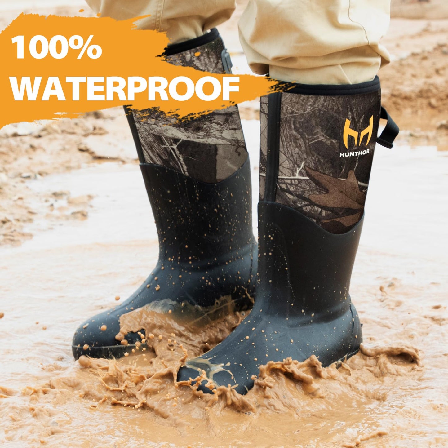 Hunthor Rubber Work Boots, Puncture-Proof with Steel Toe & Shank, Waterproof Insulated 6mm Neoprene Hunting Boots for Farming, Construction, Gardening, Fishing, Outdoor Work